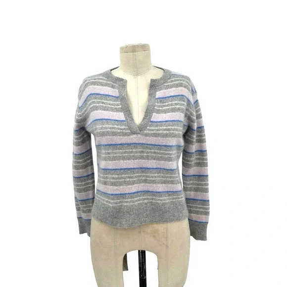 360‎ Cashmere Rosa Sweater Long Sleeve V-Neckline Striped Gray Blue Size XS - Picture 2 of 9